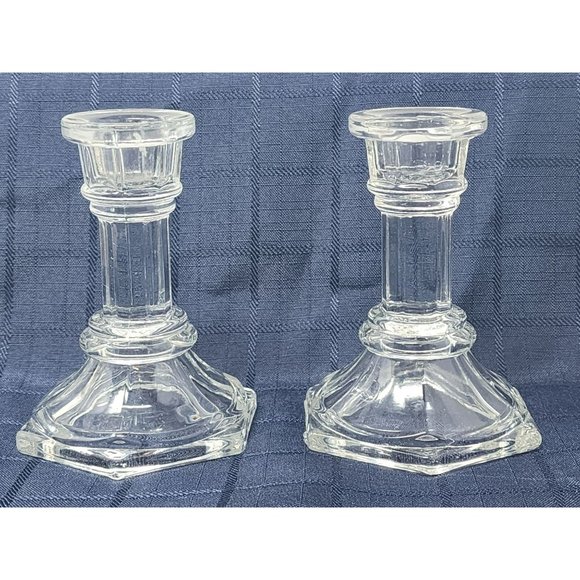 Vintage Set Of 2 Pressed Glass Clear Candle Stick Holders‎ Candle Holders - Picture 1 of 8
